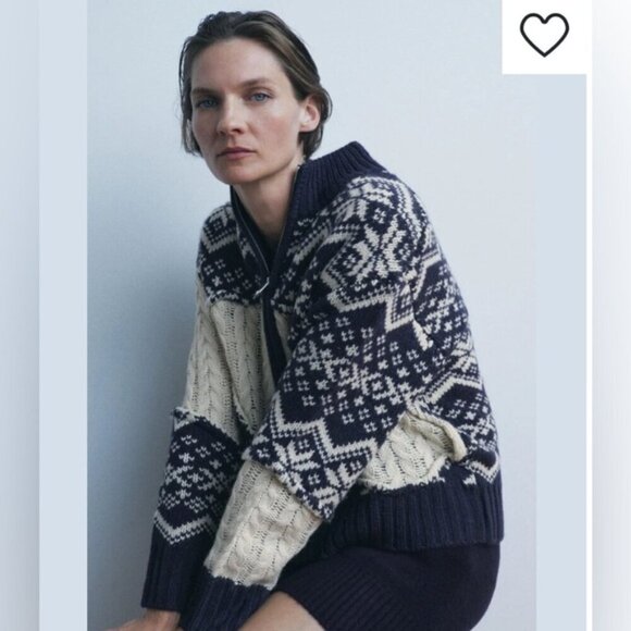 Zara Cable Knit Jacquard Cardigan Wool Ecru Blue Zip Up Jacket Small S New - Picture 2 of 7